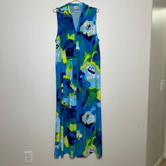 Natori MuuMuu Dress Medium Blue Tropical Maxi Long Double Slit Sleeveless Caftan - Picture 2 of 8